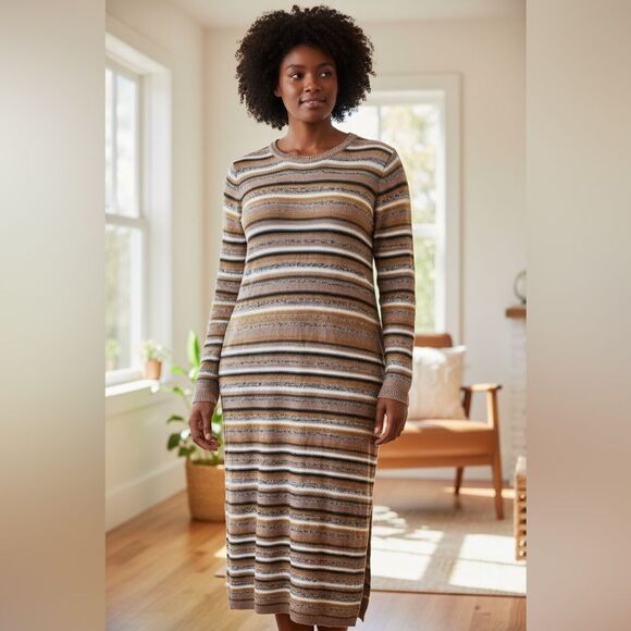 NWT A.N.A. Women’s Brown Cream Striped Long Sleeve Maxi Sweater Dress - Size XXL - Picture 2 of 6